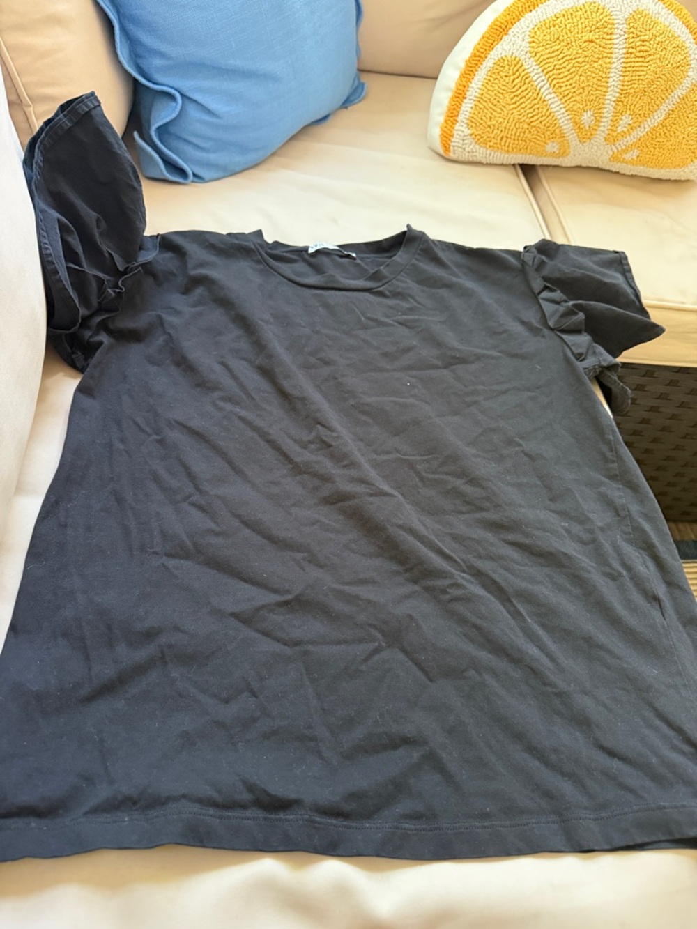 Zara Black Short Sleeve Ruffle Detail Top